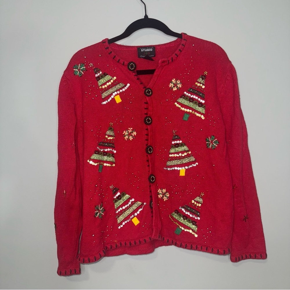 Designers Originals Studio Joy Red‎ Beaded Christmas Tree Cardigan Sweater Large